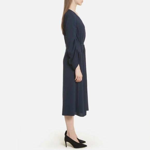 TIBI Navy Ruched Convertible Sleeve Stretch Crepe Midi V-Neck Dress Size 8 NWOT - Picture 8 of 14